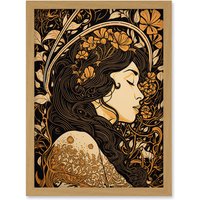 Artery8 Sleeping Beauty Modern Art Nouveau Illustration Artwork Framed Wall Art Print A4 in Light Oak