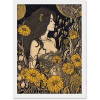 Artery8 Woman in Flower Field Midsummer Night Illustration Artwork Framed Wall Art Print A4 in White