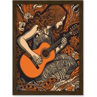 Artery8 Woman Playing Guitar Music in Rose Flower Field Artwork Framed Wall Art Print A4 in Brown