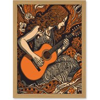 Artery8 Woman Playing Guitar Music in Rose Flower Field Artwork Framed Wall Art Print A4 in Light Oak