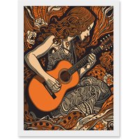 Artery8 Woman Playing Guitar Music in Rose Flower Field Artwork Framed Wall Art Print A4 in White