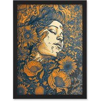 Artery8 Loving Spring Floral Boho Duotone Illustration Artwork Framed Wall Art Print A4 in Black