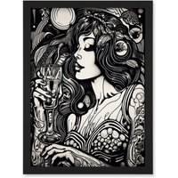 Artery8 Woman Drinking Wine Black & White Illustration Artwork Framed Wall Art Print A4