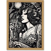 Artery8 Woman Drinking Wine Black & White Illustration Artwork Framed Wall Art Print A4 in Light Oak