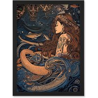 Artery8 Little Mermaid & Aquatic Animals Illustration Artwork Framed Wall Art Print A4 in Black