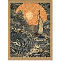 Artery8 Boat Sailing into the Sunset Linocut Illustration Artwork Framed Wall Art Print A4 in Light Oak
