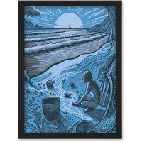 Artery8 Beachcombing Coastal Landscape Blue Illustration Artwork Framed Wall Art Print A4 in Black