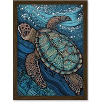Artery8 Vibrant Sea Turtle Swimming Under the Surface Artwork Framed Wall Art Print A4 in Brown