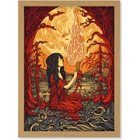 Artery8 Red Witch Concept Art Fire Priestess Art Nouveau Artwork Framed Wall Art Print A4 in Light Oak