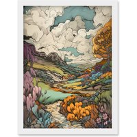 Artery8 Meadow River Multicoloured Landscape Illustration Artwork Framed Wall Art Print A4 in White