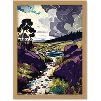 Artery8 Stormy Clouds over Stream Wild Scottish Landscape Artwork Framed Wall Art Print A4 in Light Oak