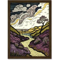 Artery8 Scottish Countryside Path with Purple Heather Artwork Framed Wall Art Print A4 in Brown