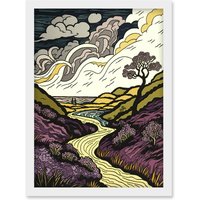 Artery8 Scottish Countryside Path with Purple Heather Artwork Framed Wall Art Print A4 in White
