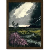 Artery8 Storm Clouds at Scottish Meadow with Heather Shrub Artwork Framed Wall Art Print A4 in Brown