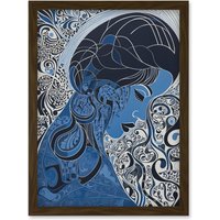 Artery8 Melancholy in Blue Woman Modern Folk Art Portrait Artwork Framed Wall Art Print A4 in Brown