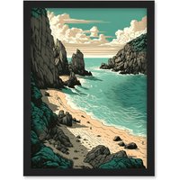 Artery8 Porthcurno Beach Coastal Landscape Illustration Artwork Framed Wall Art Print A4 in Black