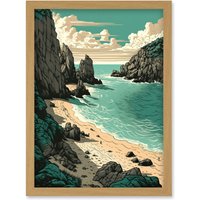 Artery8 Porthcurno Beach Coastal Landscape Illustration Artwork Framed Wall Art Print A4 in Light Oak