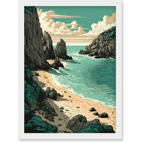 Artery8 Porthcurno Beach Coastal Landscape Illustration Artwork Framed Wall Art Print A4 in White