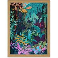 Artery8 Tropical Jungle Forest Vibrant Colour Illustration Artwork Framed Wall Art Print A4 in Light Oak