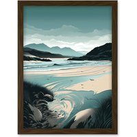 Artery8 Luskentyre Sands Coastal Landscape Illustration Artwork Framed Wall Art Print A4 in Brown