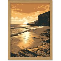 Artery8 Couple walking on the Beach at Sunset Illustration Artwork Framed Wall Art Print A4 in Light Oak
