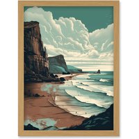 Artery8 Bay with Cliffs Dramatic Coastal Landscape Artwork Framed Wall Art Print A4 in Light Oak