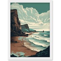Artery8 Bay with Cliffs Dramatic Coastal Landscape Artwork Framed Wall Art Print A4 in White