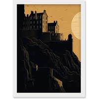 Artery8 Edinburgh Castle at Sunset Linocut Illustration Artwork Framed Wall Art Print A4 in White