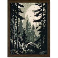 Artery8 Pine Tree Forest Sunrise Landscape Illustration Artwork Framed Wall Art Print A4 in Brown