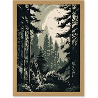 Artery8 Pine Tree Forest Sunrise Landscape Illustration Artwork Framed Wall Art Print A4 in Light Oak