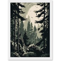 Artery8 Pine Tree Forest Sunrise Landscape Illustration Artwork Framed Wall Art Print A4 in White