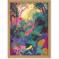 Artery8 Vibrant Tropical Rainforest Sunrise Illustration Artwork Framed Wall Art Print A4 in Light Oak