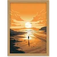 Artery8 Walk into the Sunset Sand Beach Coastal Landscape Artwork Framed Wall Art Print A4 in Light Oak