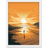 Artery8 Walk into the Sunset Sand Beach Coastal Landscape Artwork Framed Wall Art Print A4 in White