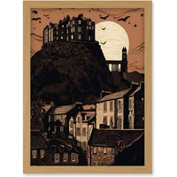 Artery8 Dramatic Full Moon Rising Behind Edinburgh Castle Artwork Framed Wall Art Print A4 in Light Oak