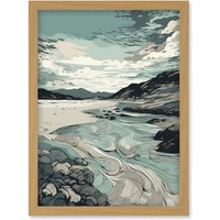 Artery8 Luskentyre Beach Coastal Landscape Illustration Artwork Framed Wall Art Print A4 in Light Oak