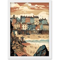 Artery8 Tenby Harbour Beach Pastel Colour Coastal Town Artwork Framed Wall Art Print A4 in White