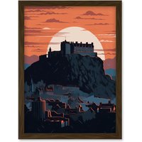 Artery8 Edinburgh Castle & Old Town Atmospheric Sunset Artwork Framed Wall Art Print A4 in Brown