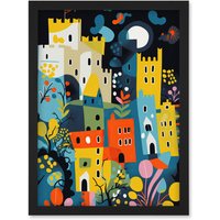 Artery8 Nottingham at Night Abstract Folk Art Cityscape Artwork Framed Wall Art Print A4 in Black