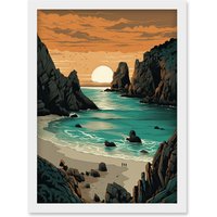 Artery8 Porthcurno Beach Sunrise Coastal Landscape Artwork Framed Wall Art Print A4 in White