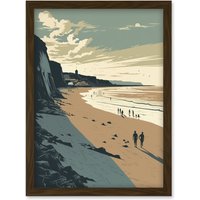 Artery8 People Walking on Filey Beach Coastal Illustration Artwork Framed Wall Art Print A4 in Brown