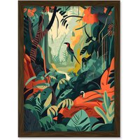 Artery8 Amazon Rainforest Diverse Flora & Tropical Birds Artwork Framed Wall Art Print A4 in Brown