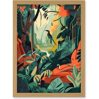 Artery8 Amazon Rainforest Diverse Flora & Tropical Birds Artwork Framed Wall Art Print A4 in Light Oak