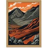Artery8 Scafell Pike Mountain Landscape in Amber & Grey Artwork Framed Wall Art Print A4 in Light Oak