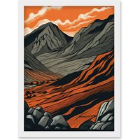 Artery8 Scafell Pike Mountain Landscape in Amber & Grey Artwork Framed Wall Art Print A4 in White