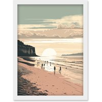 Artery8 Dog Walks on the Beach Sunset Coastal Landscape Artwork Framed Wall Art Print A4 in White