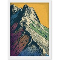 Artery8 Multicoloured Mountain Range Peaks Pop Art Linocut Artwork Framed Wall Art Print A4 in White