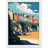 Artery8 Tenby Harbour Beach Coastal Town Illustration Artwork Framed Wall Art Print A4 in White