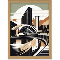 Artery8 Clyde Arc Bridge Abstract Cityscape Illustration Artwork Framed Wall Art Print A4 in Light Oak