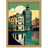 Artery8 Leeds City Architecture Waterfront Illustration Artwork Framed Wall Art Print A4 in Light Oak